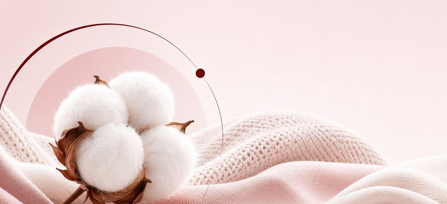 Raw cotton boll on soft knit fabric, representing Quest's cotton fibre chemistry