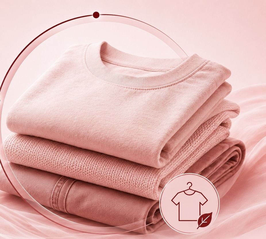 Folded finished garments, representing Quest's garment-stage processing chemistry
