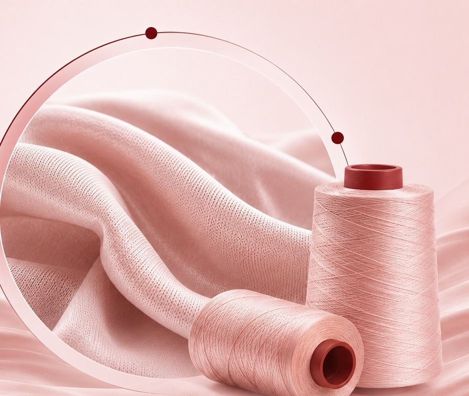 Polyester fabric drape with thread spools, representing Quest's synthetic fibre chemistry