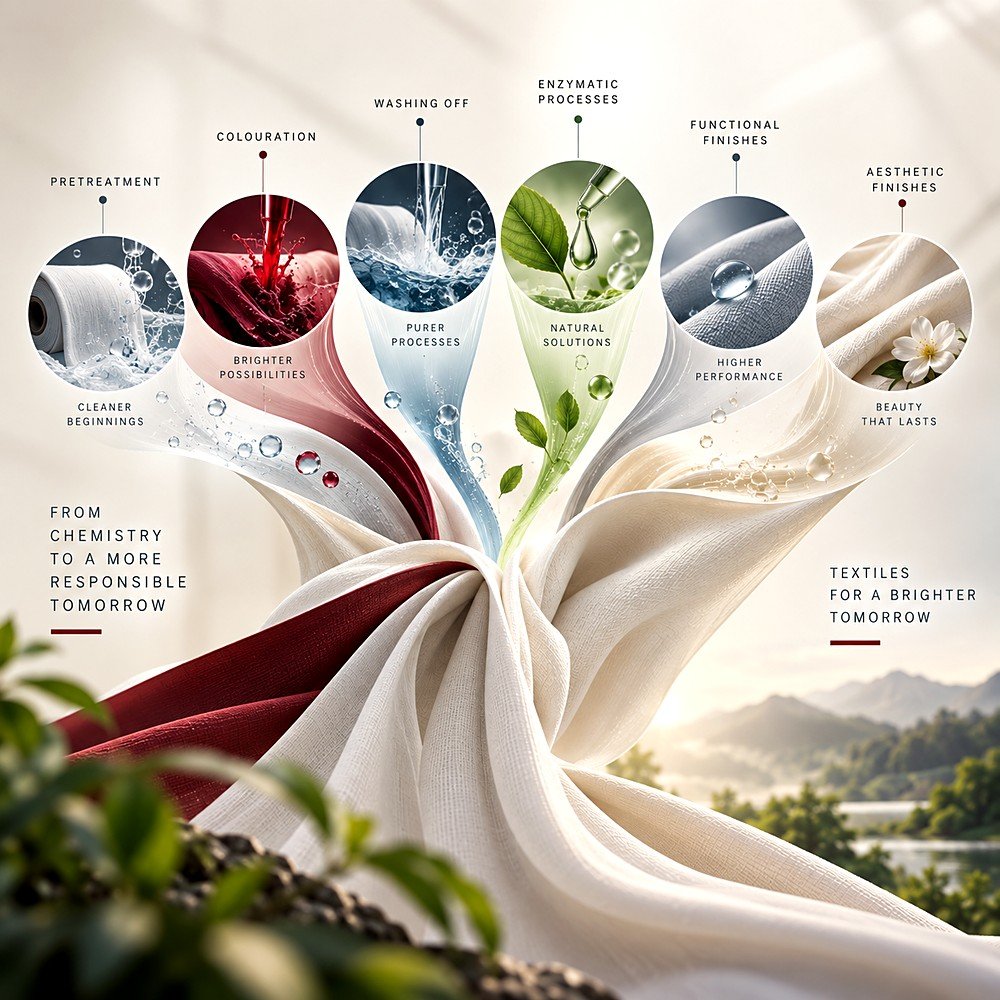 Quest textile processing stages: pretreatment, colouration, washing off, enzymatic processes, functional and aesthetic finishes